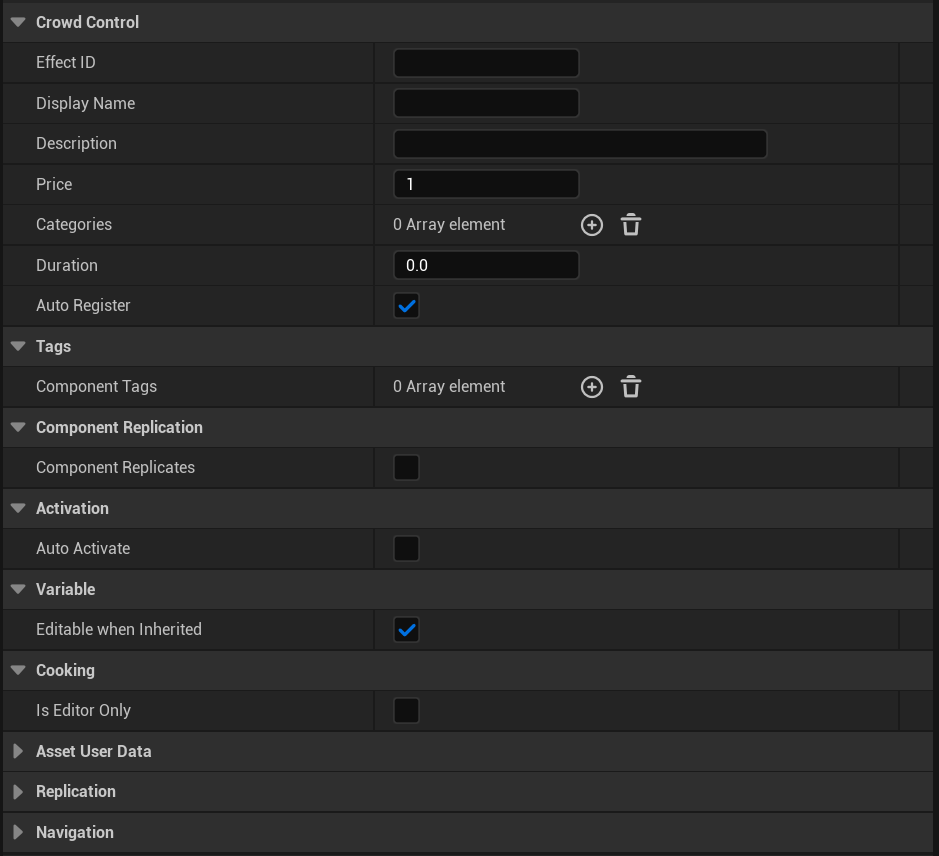 The editable Crowd Control fields on an unconfigured effect component