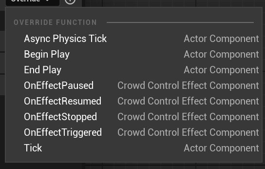 The Override menu in a CrowdControlEffectComponent Blueprint