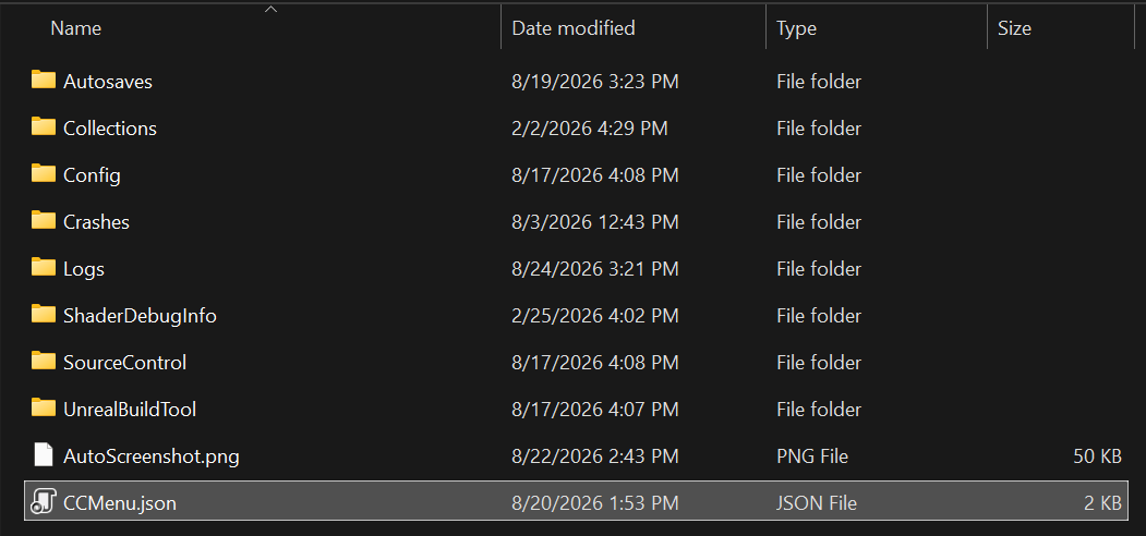 CCMenu.json in the Unreal project's Saved directory