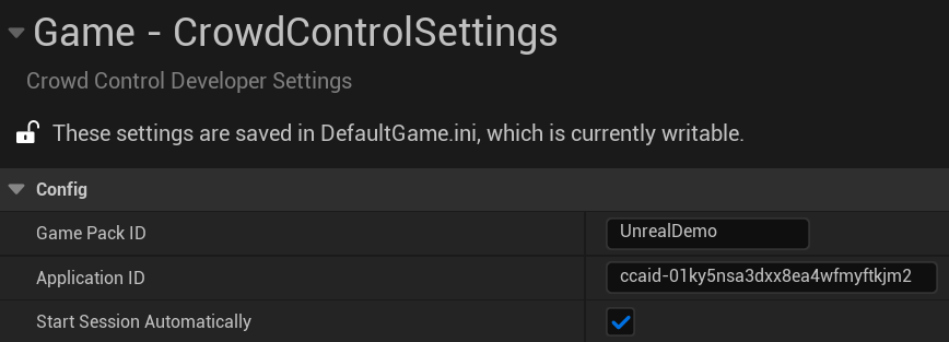 The current CrowdControlSettings panel in Unreal Project Settings
